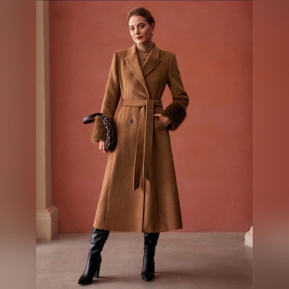 WOOL BLEND STRUCTURED FAUX FUR FUZZY CUFF OVERCOAT Winter Outerwears